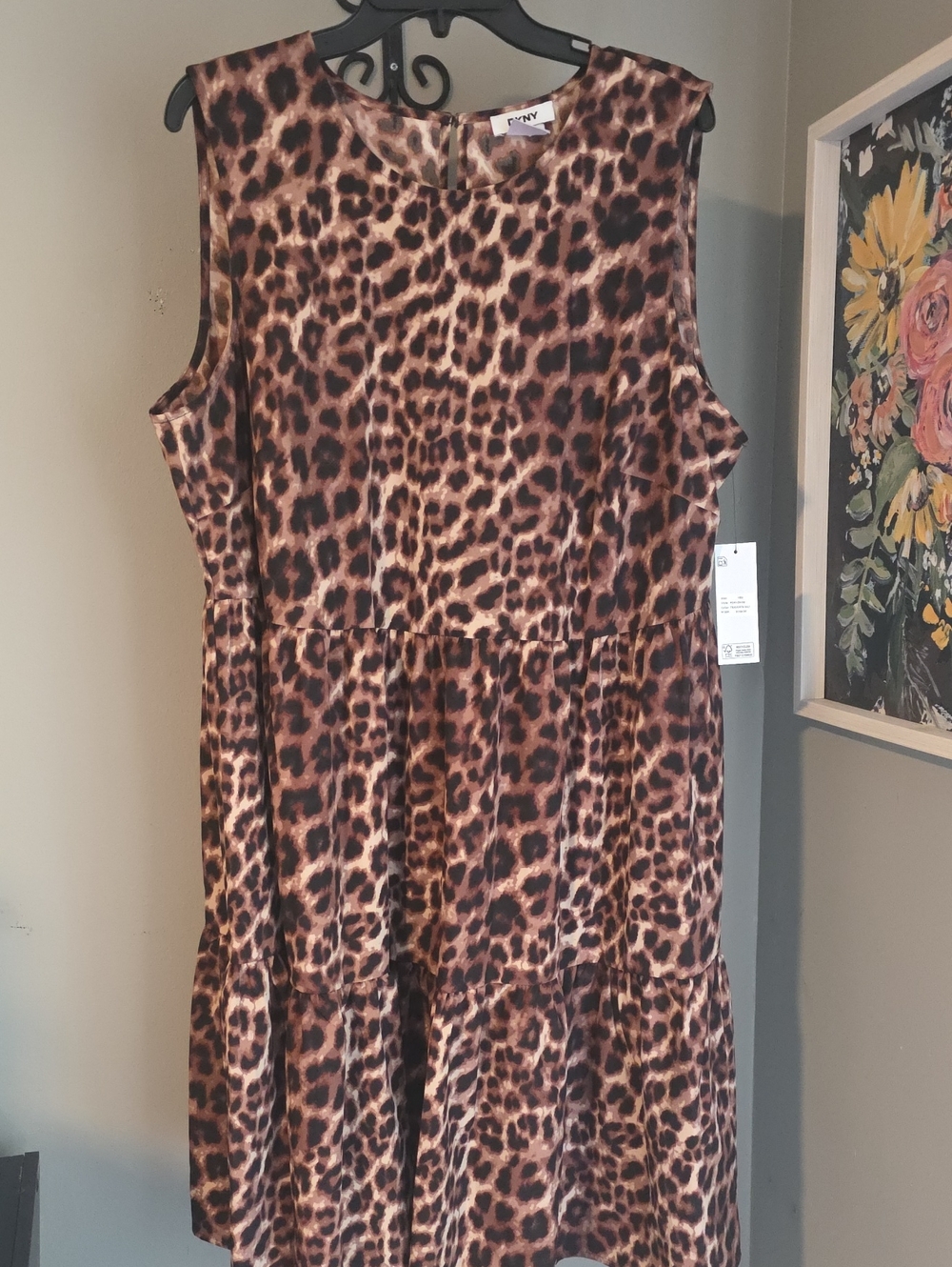 DKNY Leopard Print Tiered Midi Dress in Brown and Black NWT 16W